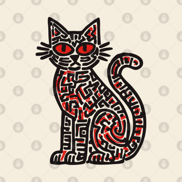 Mystical Black Cat Linocut for Spooky Folk Art Lovers by TuncGK