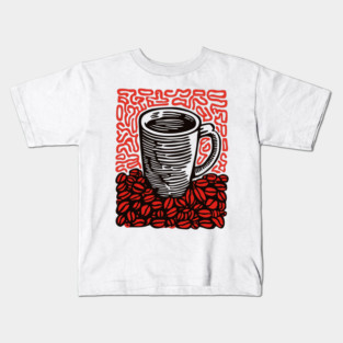 Linocut Coffee Cup & Beans Art for Kitchen Decor Gift Kids T-Shirt