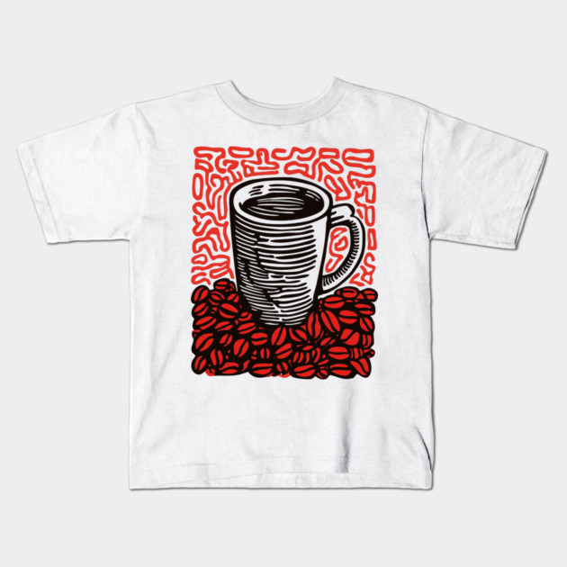 Linocut Coffee Cup & Beans Art for Kitchen Decor Gift Kids T-Shirt by TuncGK