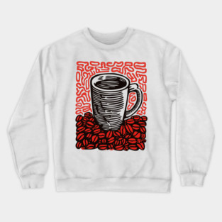 Linocut Coffee Cup & Beans Art for Kitchen Decor Gift Crewneck Sweatshirt