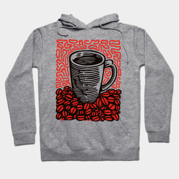 Linocut Coffee Cup & Beans Art for Kitchen Decor Gift Hoodie by TuncGK