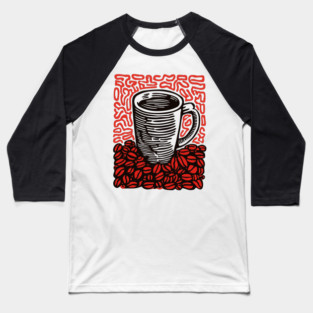 Linocut Coffee Cup & Beans Art for Kitchen Decor Gift Baseball T-Shirt