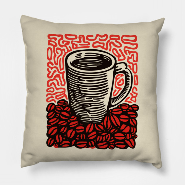 Linocut Coffee Cup & Beans Art for Kitchen Decor Gift Pillow by TuncGK