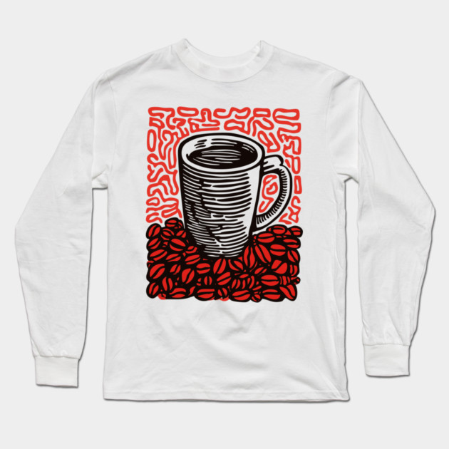 Linocut Coffee Cup & Beans Art for Kitchen Decor Gift Long Sleeve T-Shirt by TuncGK