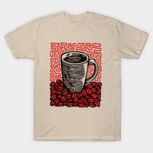 Linocut Coffee Cup & Beans Art for Kitchen Decor Gift T-Shirt