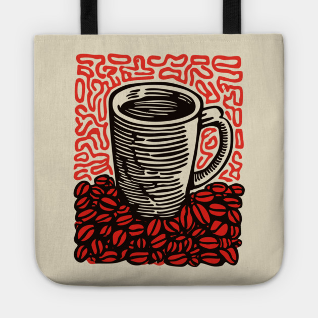 Linocut Coffee Cup & Beans Art for Kitchen Decor Gift Tote by TuncGK