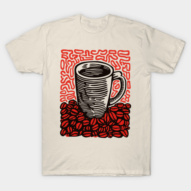 Linocut Coffee Cup & Beans Art for Kitchen Decor Gift T-Shirt by TuncGK