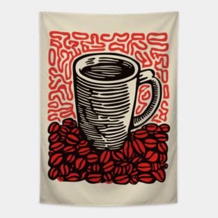 Linocut Coffee Cup & Beans Art for Kitchen Decor Gift Tapestry