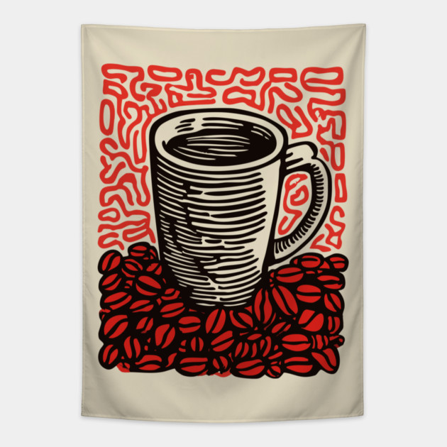 Linocut Coffee Cup & Beans Art for Kitchen Decor Gift Tapestry by TuncGK