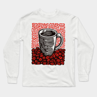 Linocut Coffee Cup & Beans Art for Kitchen Decor Gift Long Sleeve T-Shirt