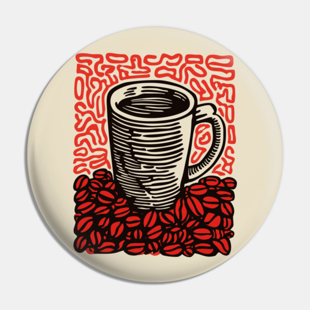 Linocut Coffee Cup & Beans Art for Kitchen Decor Gift Pin by TuncGK