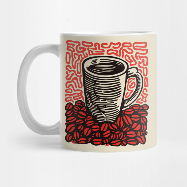 Linocut Coffee Cup & Beans Art for Kitchen Decor Gift by TuncGK