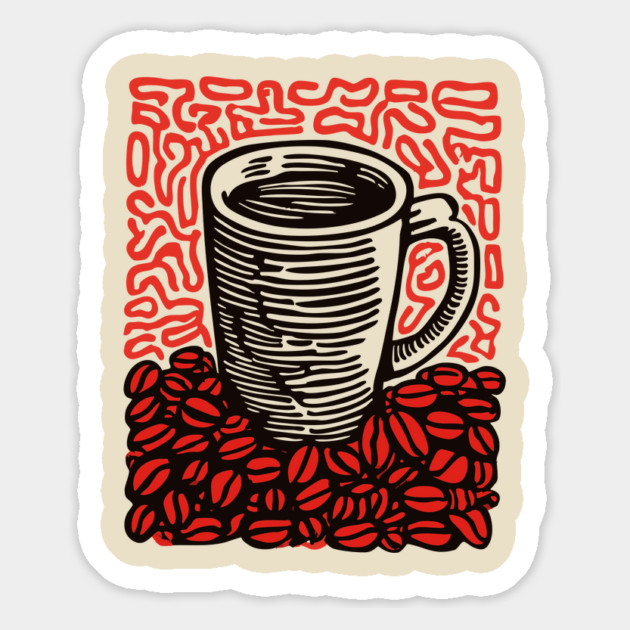 Linocut Coffee Cup & Beans Art for Kitchen Decor Gift Magnet by TuncGK