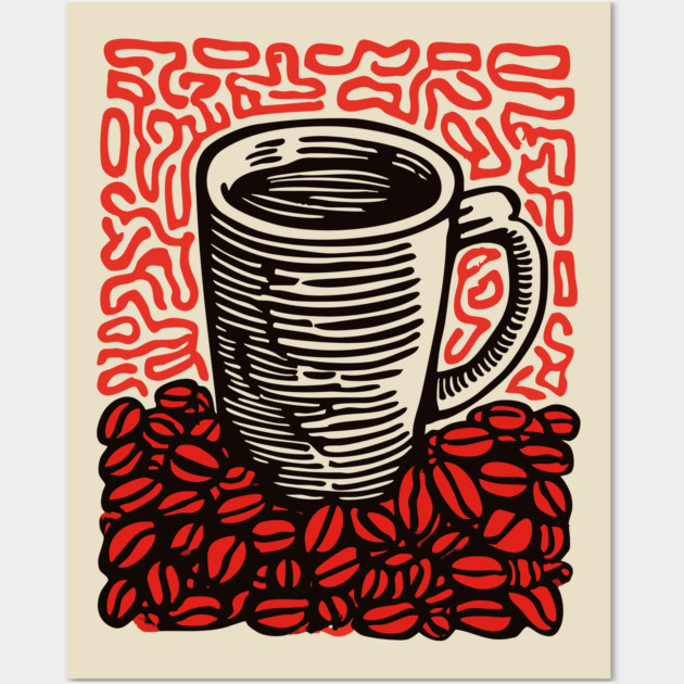 Linocut Coffee Cup & Beans Art for Kitchen Decor Gift Wall Art by TuncGK