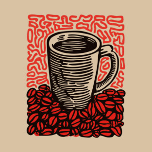 Linocut Coffee Cup & Beans Art for Kitchen Decor Gift T-Shirt