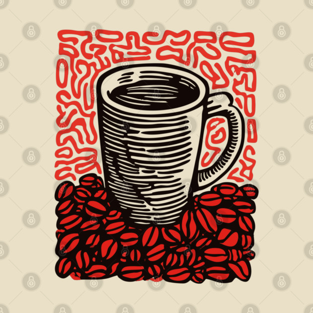 Linocut Coffee Cup & Beans Art for Kitchen Decor Gift by TuncGK