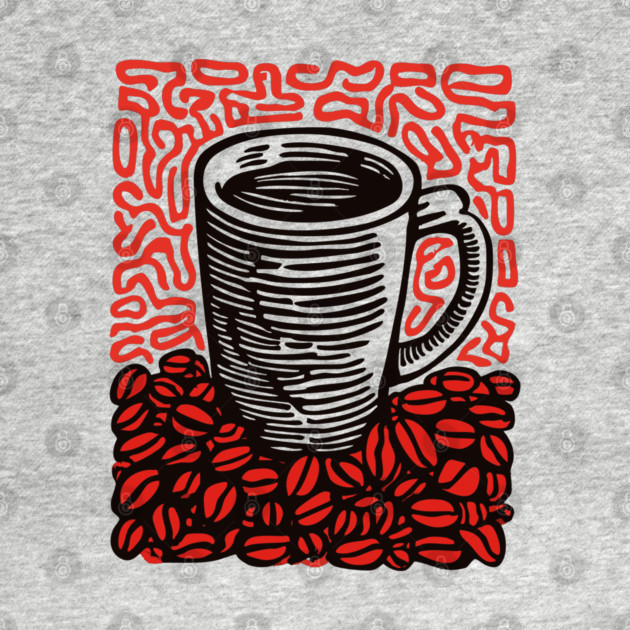 Linocut Coffee Cup & Beans Art for Kitchen Decor Gift by TuncGK
