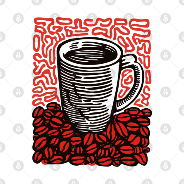 Linocut Coffee Cup & Beans Art for Kitchen Decor Gift by TuncGK