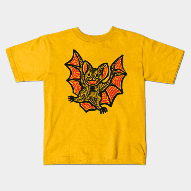Cute Bat Linocut Art for Spooky Nursery or Kids Halloween Kids T-Shirt by TuncGK