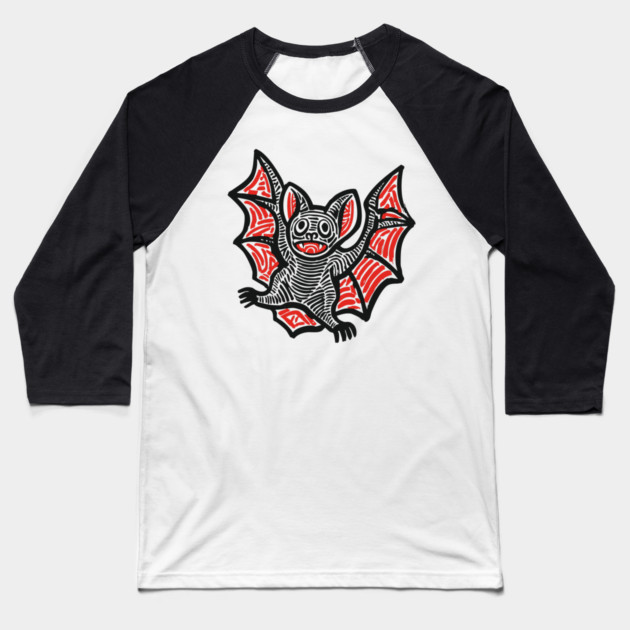 Cute Bat Linocut Art for Spooky Nursery or Kids Halloween Baseball T-Shirt by TuncGK