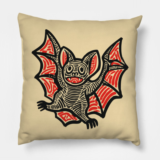 Cute Bat Linocut Art for Spooky Nursery or Kids Halloween Pillow by TuncGK