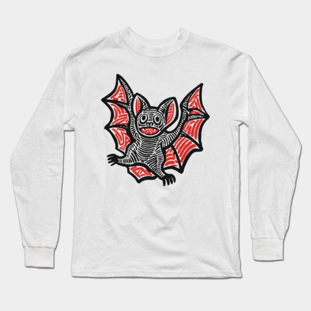 Cute Bat Linocut Art for Spooky Nursery or Kids Halloween Long Sleeve T-Shirt by TuncGK