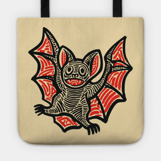Cute Bat Linocut Art for Spooky Nursery or Kids Halloween Tote by TuncGK