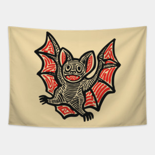 Cute Bat Linocut Art for Spooky Nursery or Kids Halloween Tapestry
