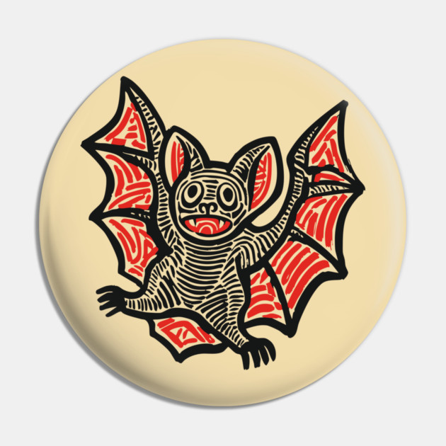 Cute Bat Linocut Art for Spooky Nursery or Kids Halloween Pin by TuncGK