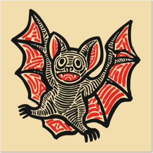 Cute Bat Linocut Art for Spooky Nursery or Kids Halloween Posters and Art