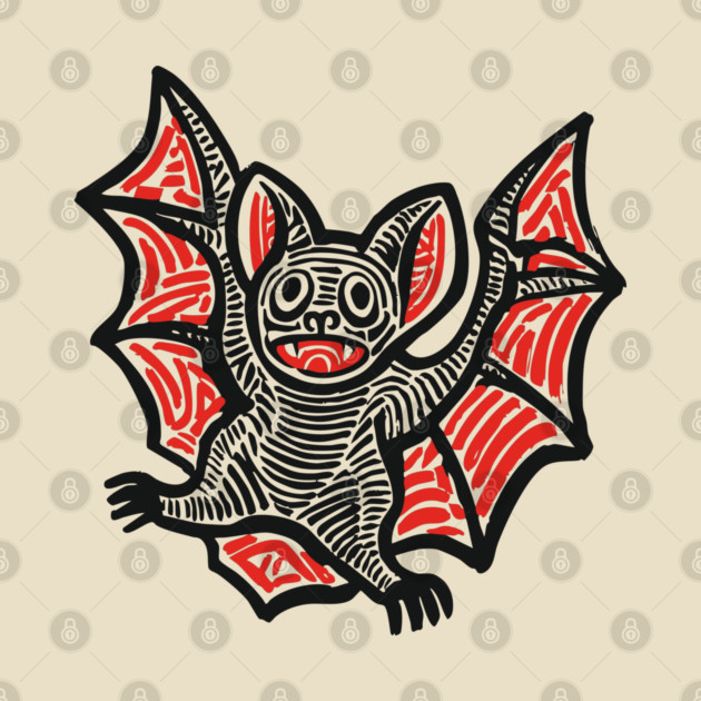 Cute Bat Linocut Art for Spooky Nursery or Kids Halloween by TuncGK