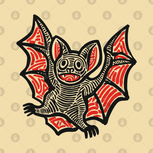 Cute Bat Linocut Art for Spooky Nursery or Kids Halloween by TuncGK