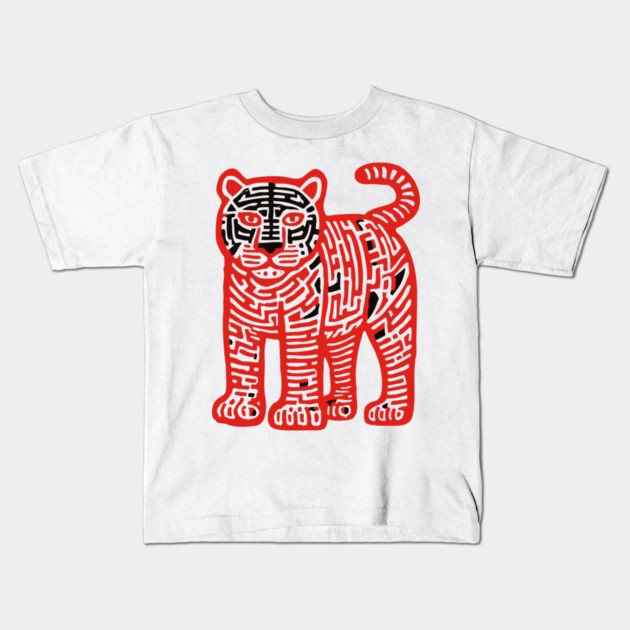 Fierce Red Tiger Maze Art for Cool Kids Kids T-Shirt by TuncGK