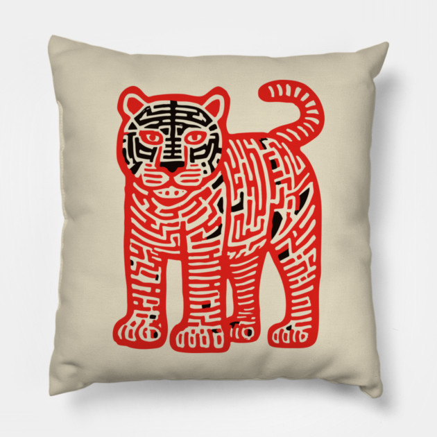 Fierce Red Tiger Maze Art for Cool Kids Pillow by TuncGK