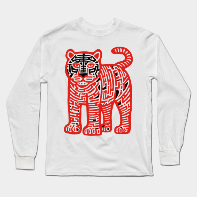 Fierce Red Tiger Maze Art for Cool Kids Long Sleeve T-Shirt by TuncGK