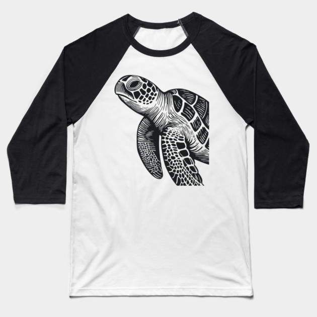 Serene Sea Turtle Linocut Print for Calming Ocean Nursery Decor Baseball T-Shirt by TuncGK