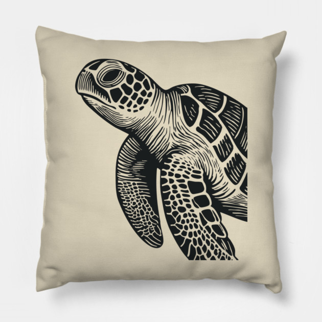 Serene Sea Turtle Linocut Print for Calming Ocean Nursery Decor Pillow by TuncGK