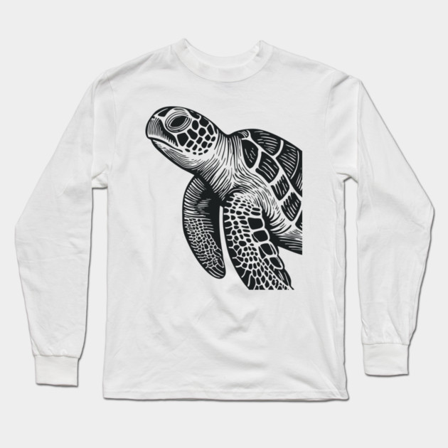 Serene Sea Turtle Linocut Print for Calming Ocean Nursery Decor Long Sleeve T-Shirt by TuncGK