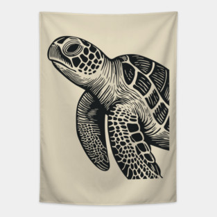 Serene Sea Turtle Linocut Print for Calming Ocean Nursery Decor Tapestry