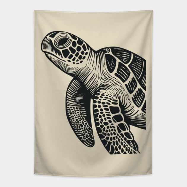 Serene Sea Turtle Linocut Print for Calming Ocean Nursery Decor Tapestry by TuncGK
