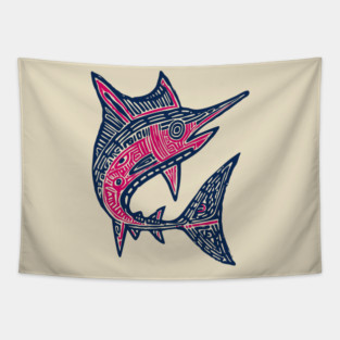 Dynamic Swordfish Block Print for Kids Ocean Adventure Room Tapestry