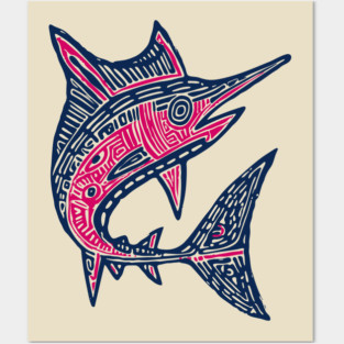 Dynamic Swordfish Block Print for Kids Ocean Adventure Room Posters and Art
