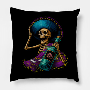 Skeleton Drinking Tequila Dia De Los Muertos Day of The Dead Pillow