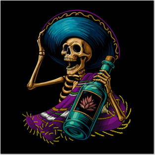 Skeleton Drinking Tequila Dia De Los Muertos Day of The Dead Posters and Art