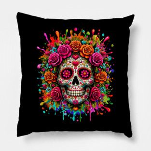 Sugar Skull Flowers Dia de Muertos Halloween Day of The Dead Pillow
