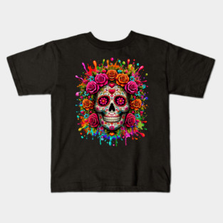 Sugar Skull Flowers Dia de Muertos Halloween Day of The Dead Kids T-Shirt
