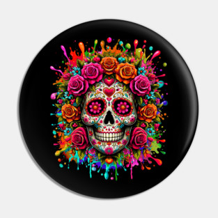 Sugar Skull Flowers Dia de Muertos Halloween Day of The Dead Pin