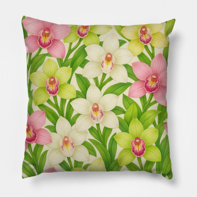 Cymbidium Orchid Pastel Floral Pattern Pillow by Sharafeldin  's Store