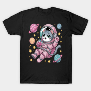 Cat Bubble Tea Boba Tea Space Astronaut T-Shirt