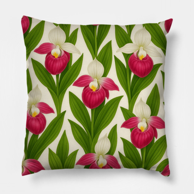 Showy Lady’s Slipper Seamless Botanical Cushion Pillow by Sharafeldin  's Store